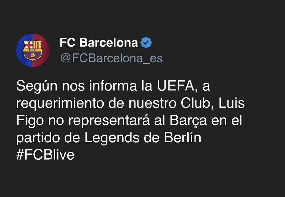 Barcelona ask UEFA to drop Luis Figo from Berlin Legends match