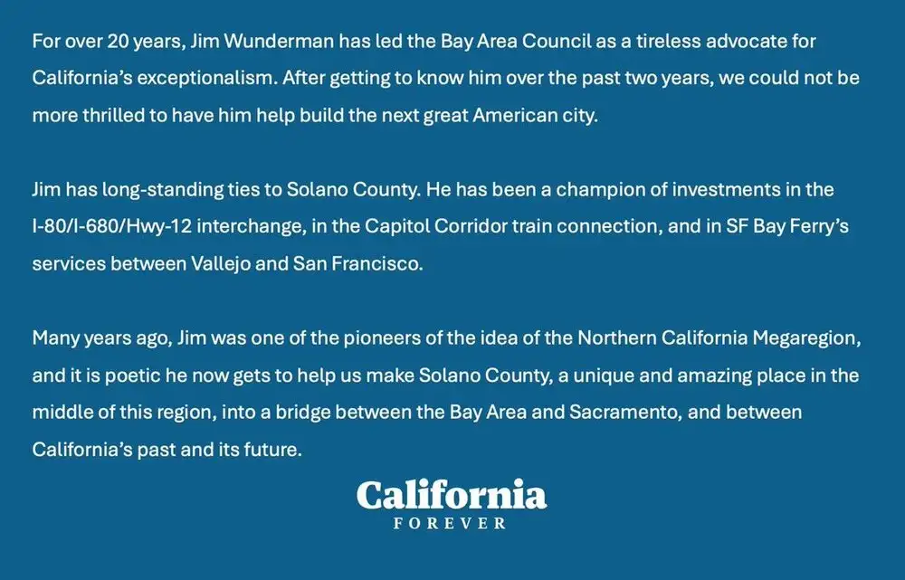 California Forever appoints Jim Wunderman as Head of Public Affairs