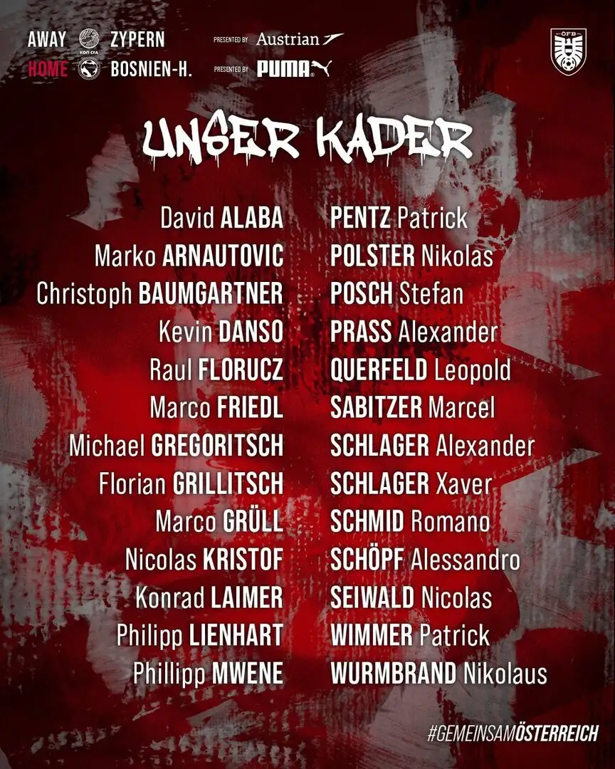 Official: Austria call up captain David Alaba for upcoming World Cup qualifiers