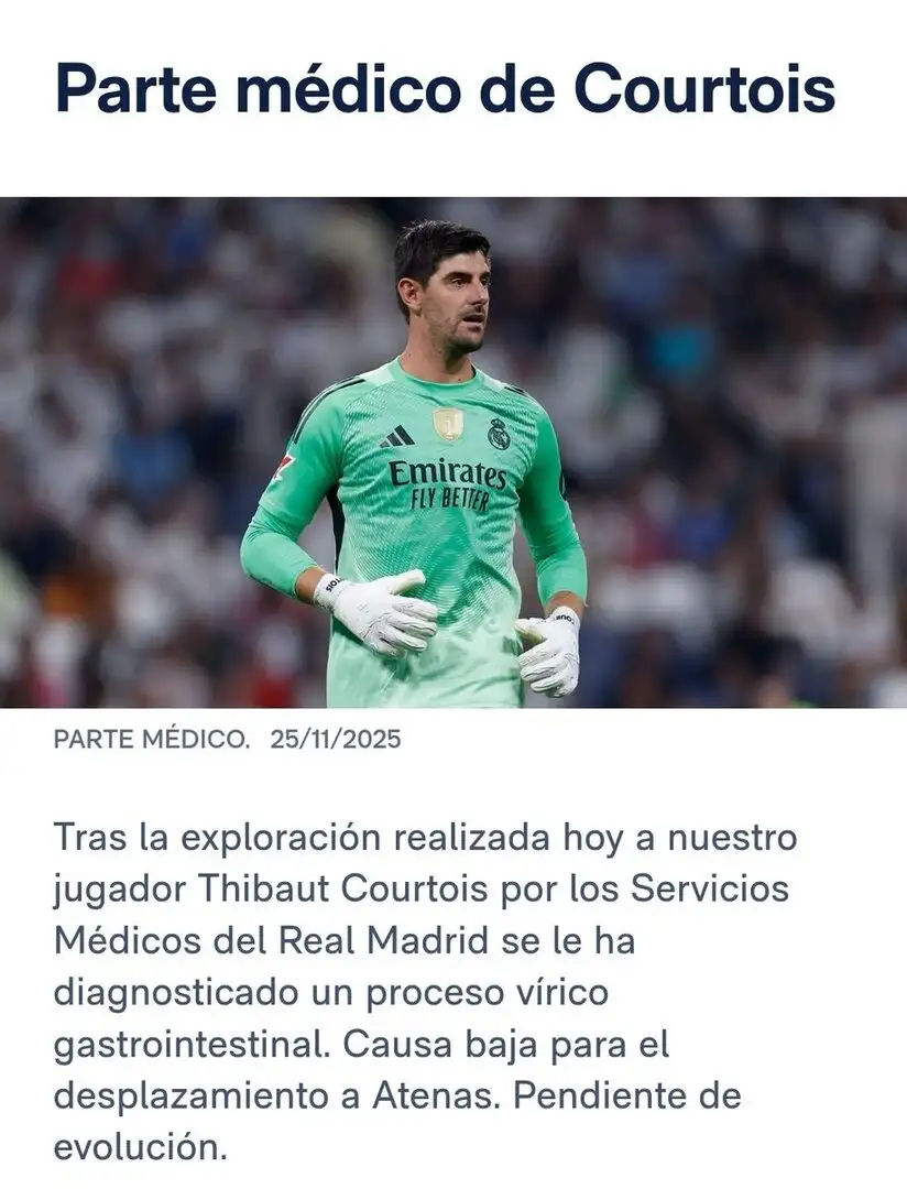 Courtois ruled out with gastroenteritis - Real Madrid forced to trust Lunin