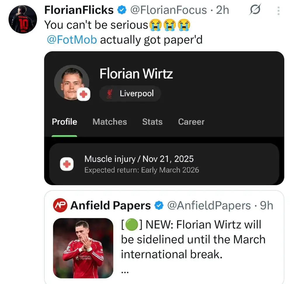 Florian Wirtz injury scare debunked - parody mix-up sparked brief app listing