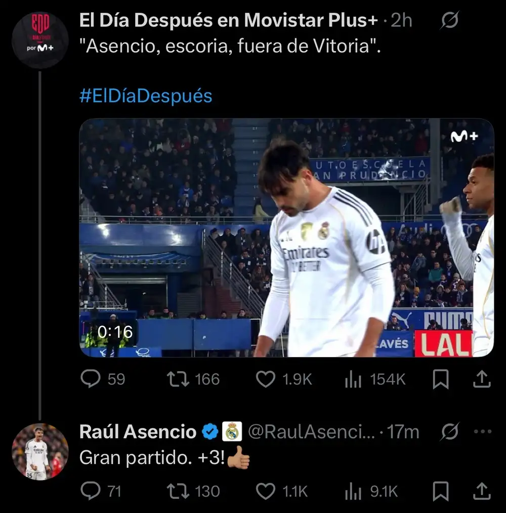 Marco Asensio answers Alavés hostility with an ice-cold line: "Great match. 3+"