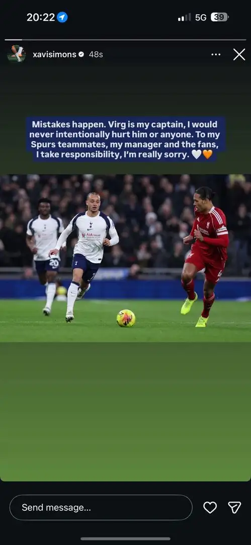 Xavi Simons issues Instagram apology to Virgil van Dijk after heavy challenge