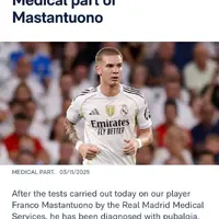 Franco Mastantuono sidelined: Real Madrid rocked by fresh injury blow photo